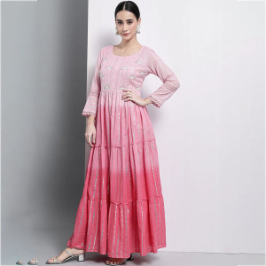 Women Pink Yoke Design Flared Sleeves Thread Work Anarkali Kurta